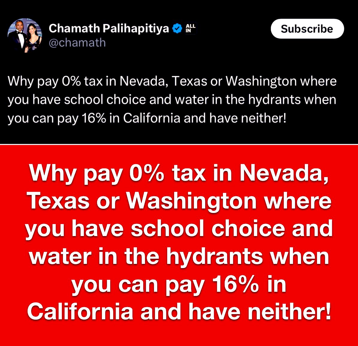 DeepBlueCrypto's tweet image. @chamath is right 💯 

If you’re smart… you’d leave California to either Nevada, Texas or Washington