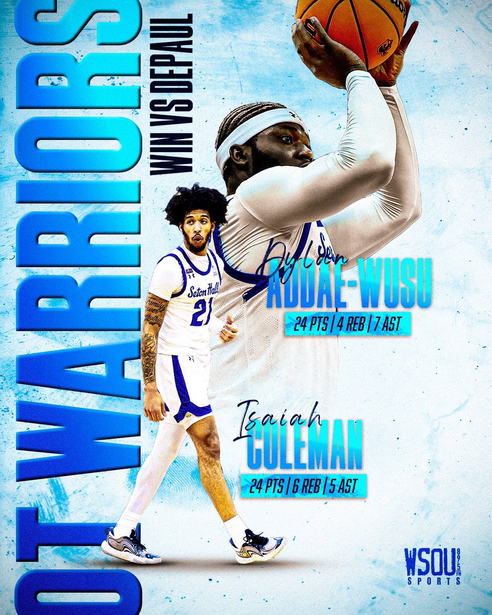WSOUSports's tweet photo. 𝐎𝐕𝐄𝐑𝐓𝐈𝐌𝐄 𝐖𝐀𝐑𝐑𝐈𝐎𝐑𝐒.

Isaiah Coleman and Dylan Addae-Wusu went OFF for @SetonHallMBB last night 🔥

Check out some of the calls from our own @BHenderson2003 

🎨: @cjweipz_15 

#HALLIN | #SUPERGOPIRATES https://t.co/zxXAUQkfQG