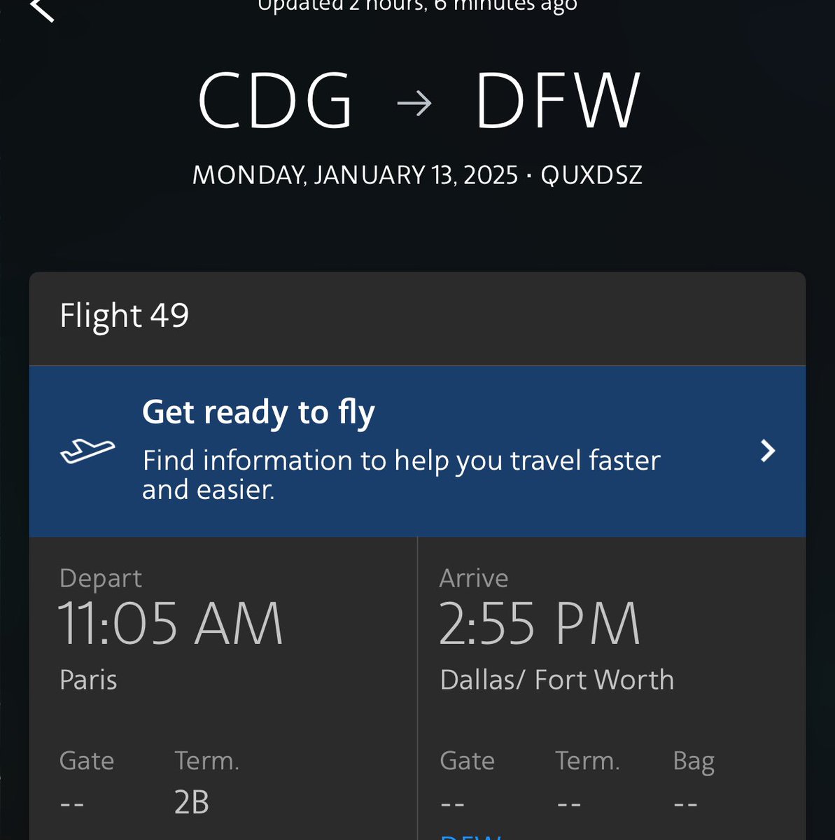 RobbHGarner's tweet photo. @AmericanAir Help kindly requested,

We show confirmed for upgrades Jan 13, 2025 CDG-DFW QUXDSZ but unable to choose seats.  Are you able to assist us please? 5A105D6 pics attached for reference. https://t.co/4TVDTOe0Bp