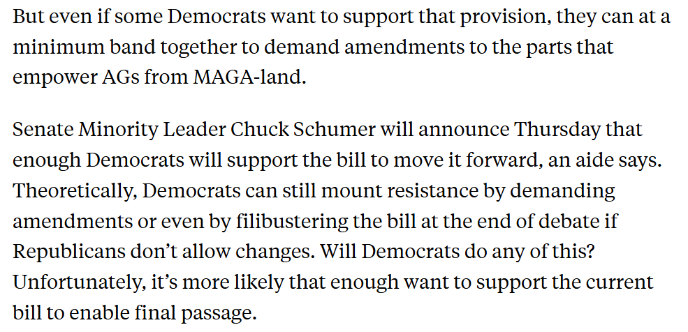 Dems can support moving to debate on the bill, while also saying it has serious problems that need fixing. Fetterman and Gallego and a few others are undercutting the possibility of mounting a more united front that could fix its worst elements:

newrepublic.com/article/190043…