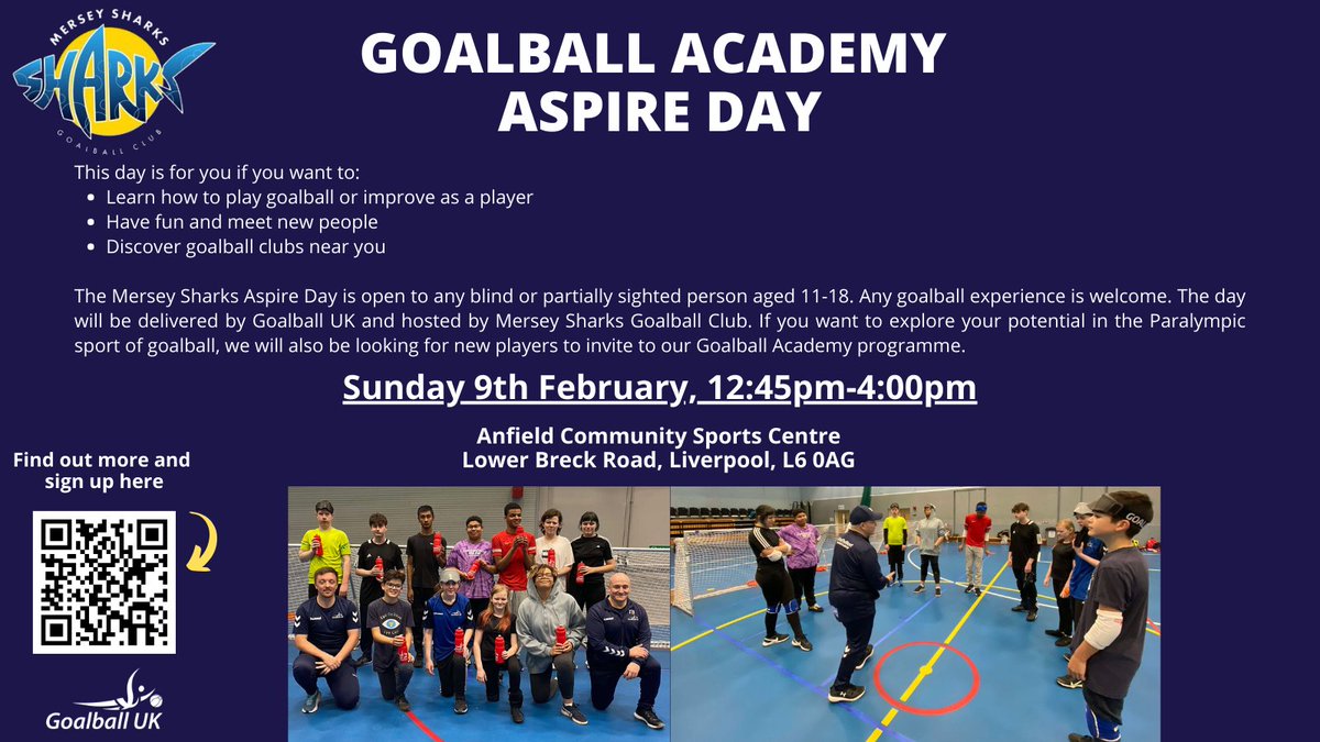 Check out the details for the Mersey Sharks Goalball Academy Aspire Day:

⏰Sunday 9th February - 12:45pm - 4pm
🌍Anfield Community Sports Centre, Lower Breck Road, Liverpool, L6 0AG

Find out more info via the self-nomination form: forms.office.com/e/i602QRPKGn