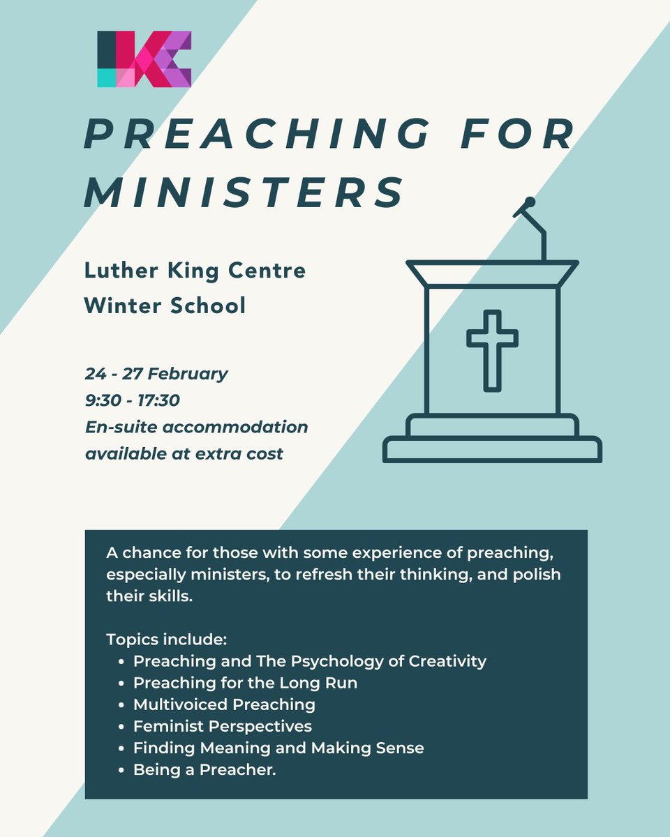 Luther King Centre (@lkcmanchester) on Twitter photo Our 'Preaching for Ministers' course is the perfect opportunity for anyone with experience of preaching to brush up on their skills, refresh their thinking and challenge their viewpoints in a supportive learning environment.
To find out more, email learning@lutherking.ac.uk Our 'Preaching for Ministers' course is the perfect opportunity for anyone with experience of preaching to brush up on their skills, refresh their thinking and challenge their viewpoints in a supportive learning environment.
To find out more, email learning@lutherking.ac.uk