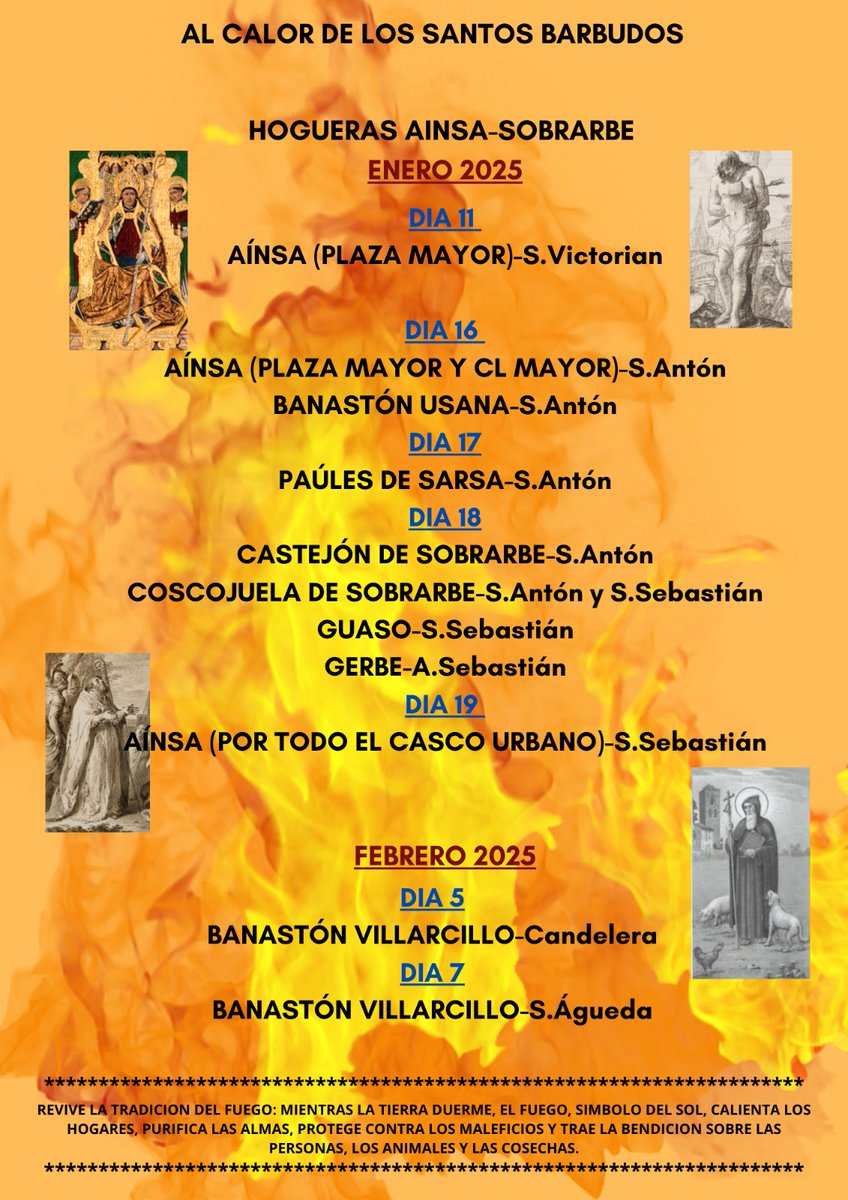 ¡Aínsa celebra el invierno honrando a los Santos Barbudos! ❄️🔥
Este sábado en la Plaza Mayor se encenderá la primera de las hogueras en honor a San Victorián 🔥✨, y le seguirán San Antón y San Sebastián con encendidos en Aínsa y en distintos lugares del municipio 🔥🎉.