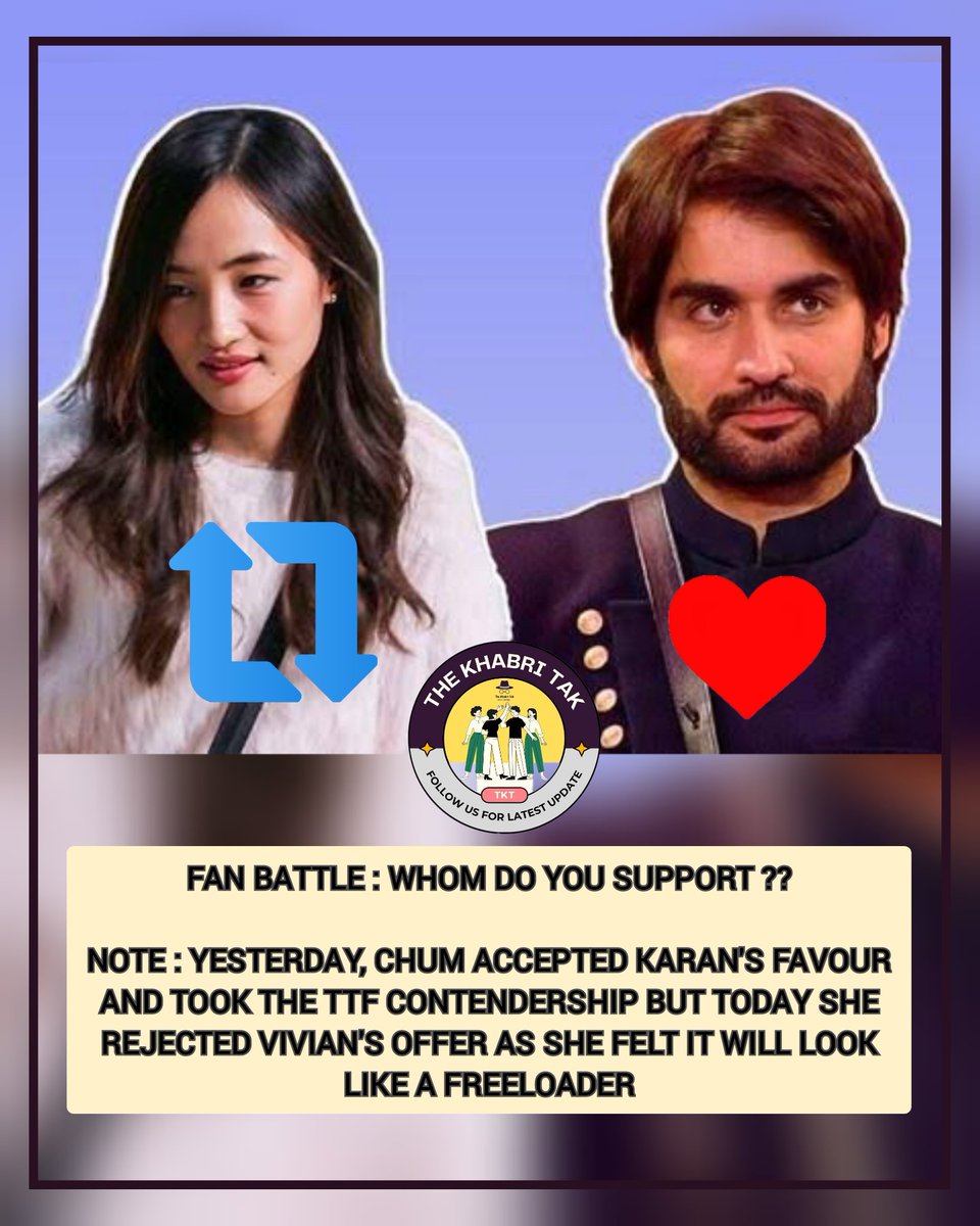 Task : Its <a href="/chumdarang/">Chum Darang</a> vs <a href="/VivianDsena01/">Vivian Dsena</a> 🔥🤯

Whom do you support ??

~ Retweet : #ChumDarang
~ Like : #VivianDSena 

Comment - Your Opinion 
#BB18 #BiggBoss #BiggBoss18 

Follow - <a href="/TheKhabriTak/">The Khabri Tak</a> for more