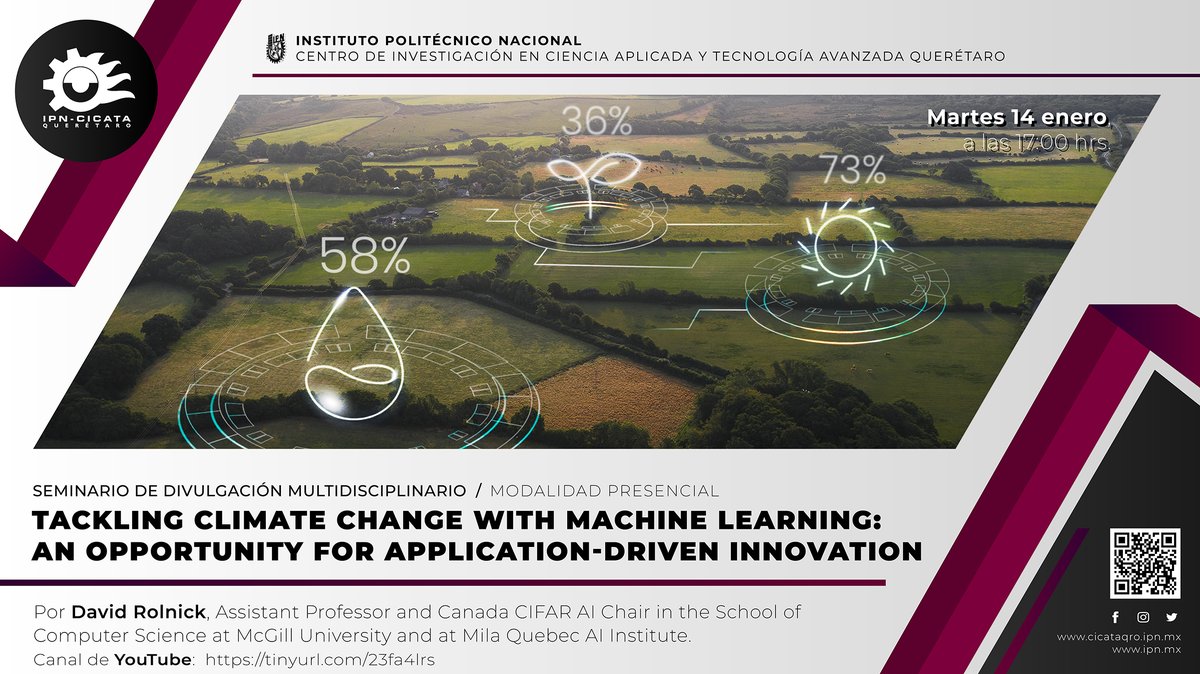 Joaquin Salas (@joaquin_salas_) on Twitter photo We are excited to announce that we are receiving, virtually, to <a href="/david_rolnick/">David Rolnick</a>! He will deliver inspiring ideas about tackling climate change, the greatest challenge of our time, using machine learning. It will happen on Tuesday, January 14, at 5:00 pm (CST). Join us! We are excited to announce that we are receiving, virtually, to <a href="/david_rolnick/">David Rolnick</a>! He will deliver inspiring ideas about tackling climate change, the greatest challenge of our time, using machine learning. It will happen on Tuesday, January 14, at 5:00 pm (CST). Join us!