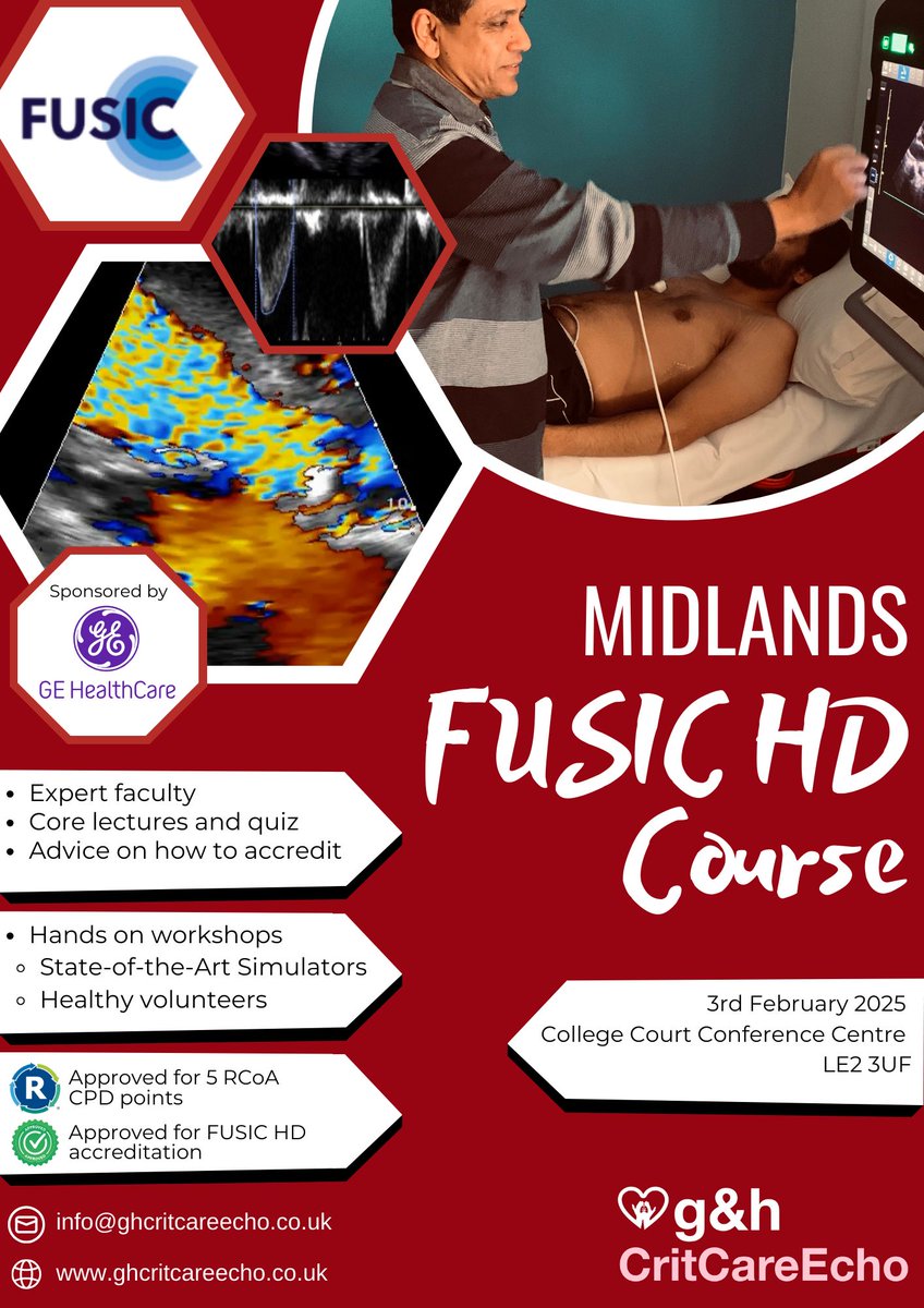 ghcritcareecho's tweet image. We have only 2 spaces left on the Midlands FUSIC HD Course!!! Come join us for a day of advanced ultrasound!

💎 Small group teaching (1:3 ratio)
💎 Expert teaching faculty
💎 Accreditation talk from a FUSIC HD examiner 

Book tickets now 👉🏻 buff.ly/4dnknAK