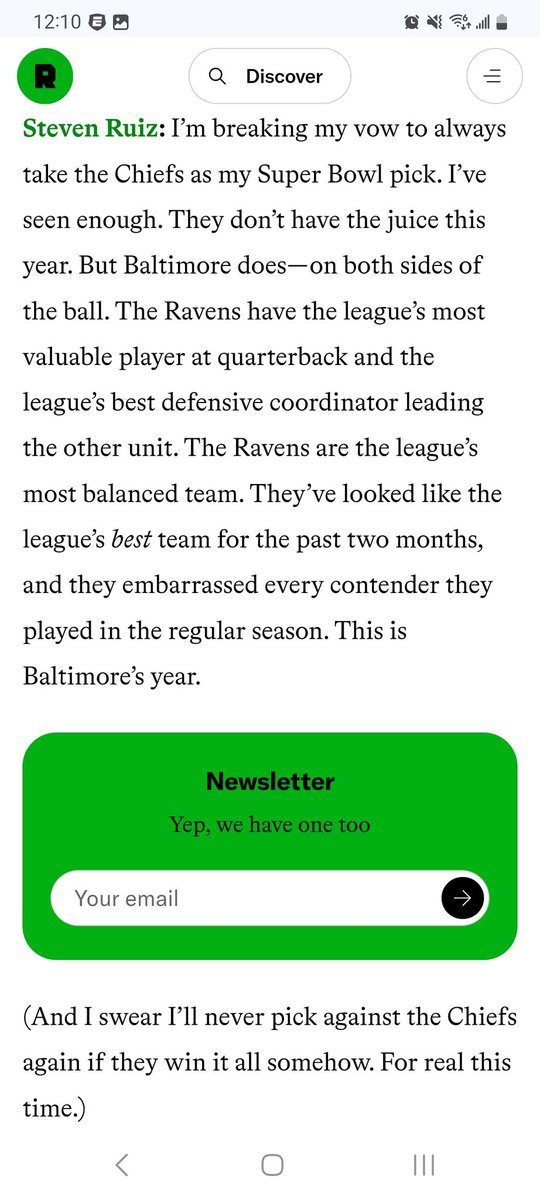 MicahRules89's tweet photo. @theStevenRuiz "I swear I'll never pick against the Chiefs again if they win it all somehow. For real this time." - Steven Ruiz, 2024. 
What happened to integrity in journalism?!?! https://t.co/ld8VmGpH0n