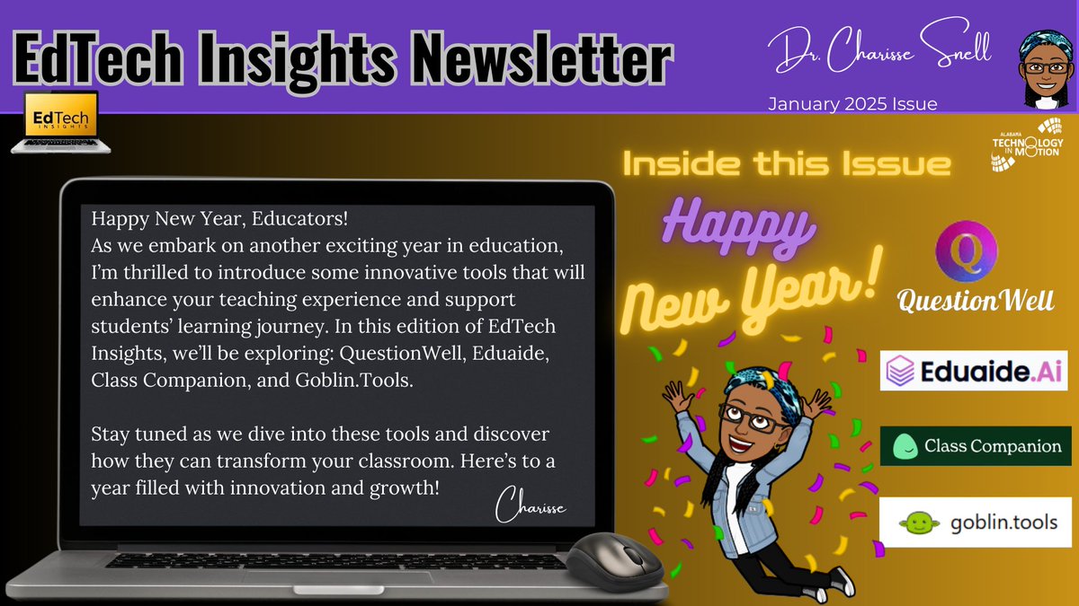 Dr. Charisse Snell (@atim_troyu) on Twitter photo Happy New Year, Educators! Check out the January issue of our EdTech Insights Newsletter. Start 2025 with these amazing tools to enhance your teaching! canva.com/design/DAGboVc…
<a href="/ATIMPD02/">ATIMPD!</a> <a href="/TeachwithALEX/">Alabama Learning Exchange 🍎 ALEX</a> <a href="/ALSDEEdTech/">ALSDE Educational Technology</a> <a href="/questionwellai/">QuestionWell</a> <a href="/EduaideAi/">Eduaide.Ai</a> <a href="/ClassCompanion_/">Class Companion 🦸 📝</a> Happy New Year, Educators! Check out the January issue of our EdTech Insights Newsletter. Start 2025 with these amazing tools to enhance your teaching! canva.com/design/DAGboVc…
<a href="/ATIMPD02/">ATIMPD!</a> <a href="/TeachwithALEX/">Alabama Learning Exchange 🍎 ALEX</a> <a href="/ALSDEEdTech/">ALSDE Educational Technology</a> <a href="/questionwellai/">QuestionWell</a> <a href="/EduaideAi/">Eduaide.Ai</a> <a href="/ClassCompanion_/">Class Companion 🦸 📝</a>