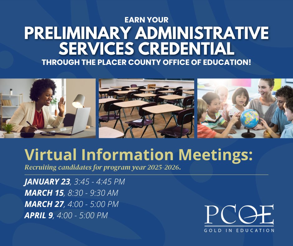 Earn your Preliminary Administrative Services Credential through PCOE! Interested in learning more? Join an upcoming virtual information meeting! 📅 

Find more and register at bit.ly/3ZBk28V (NOTE: Search PASC &amp; choose your preferred date).