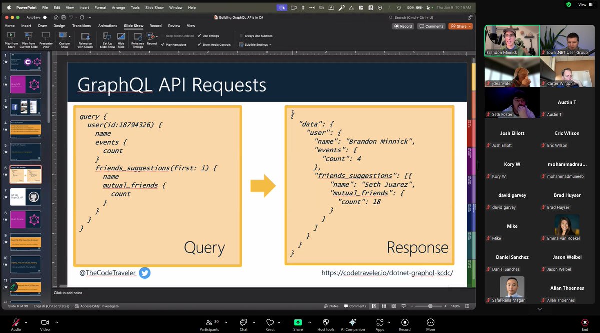 Learning about GraphQL from <a href="/TheCodeTraveler/">Brandon Minnick</a>!