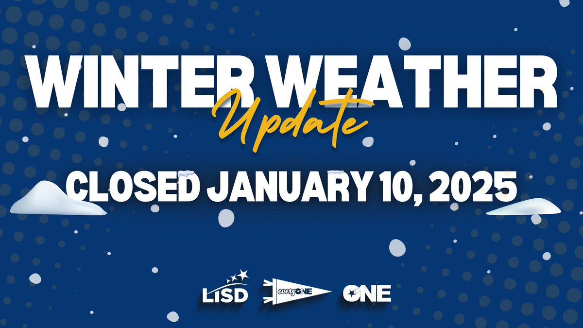 All LISD campuses and facilities will continue to be closed Friday, January 10 due to winter weather in our area.

Decisions about extracurricular activities will be made at a later time by coaches/and or program directors.

❄️ bit.ly/4fGHHd2