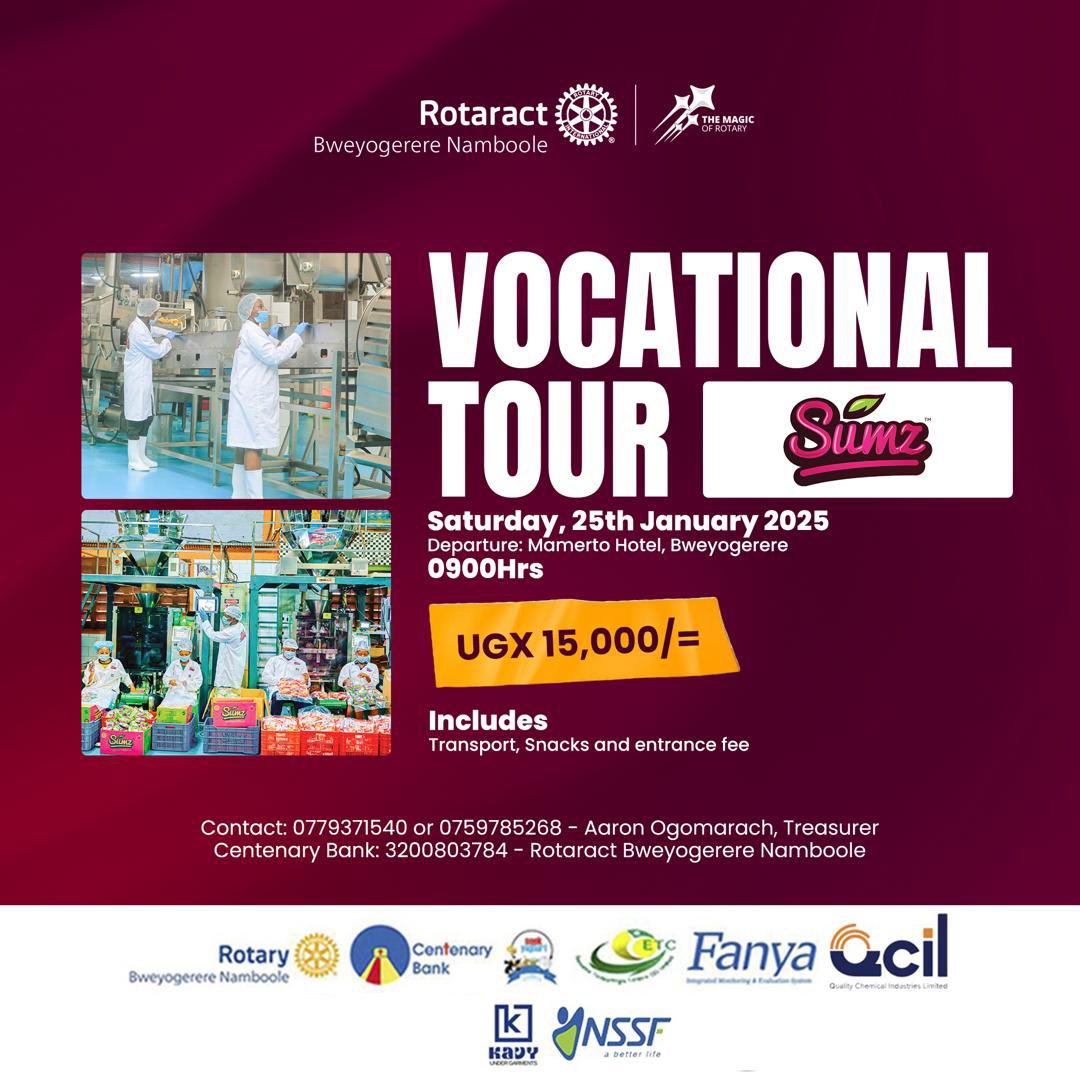 Rotaract is not only fun and games. It also emphasizes professional and skills development. 

For that reason, you are kindly invited to join us for an enriching vocational tour at Sumz House of Snacks, in Nansana to learn more about the industry🤗 <a href="/sumz_snacks/">SUMZ</a> 

 #ClubDestadia