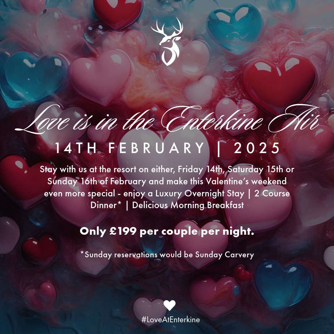 enterkine's tweet photo. Love is in the Enterkine Air | ❤️

Got Valentine’s Day or weekend sorted? If not, don’t worry… let us look after you. (See image for offer) ⬇️

Go on, make this one special. For more information or to book, call the team on 01292 520580 or email - mail@enterkine.com

😍🍽️🛏️ https://t.co/ONEl9CMJ7X