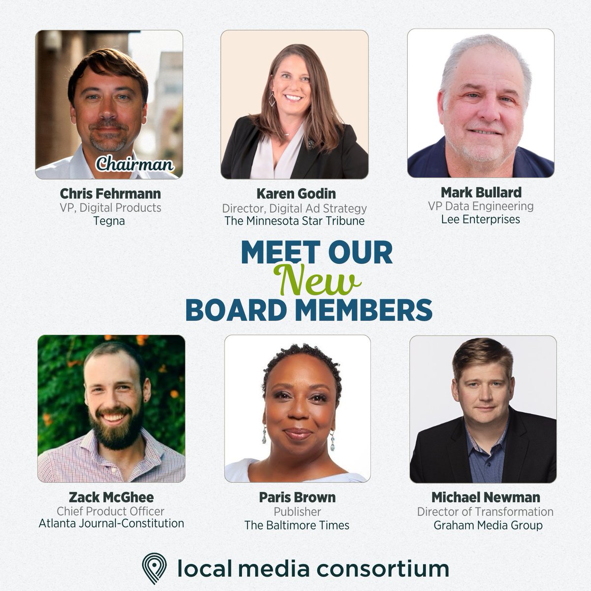 Local Media Consortium (@lmconsortium) on Twitter photo 📣 Announcing New <a href="/LMConsortium/">Local Media Consortium</a> Board Members:
-Michael Newman (Graham Media Group)
-Paris M. Brown (The Baltimore Times)
-Karen Godin (Star Tribune)
-Mark Bullard (Lee Enterprises)
-Zack McGhee (AJC Successor)
-Chris Fehrmann (TEGNA) 2025 Board Chair!
tinyurl.com/bdz9ppz5 📣 Announcing New <a href="/LMConsortium/">Local Media Consortium</a> Board Members:
-Michael Newman (Graham Media Group)
-Paris M. Brown (The Baltimore Times)
-Karen Godin (Star Tribune)
-Mark Bullard (Lee Enterprises)
-Zack McGhee (AJC Successor)
-Chris Fehrmann (TEGNA) 2025 Board Chair!
tinyurl.com/bdz9ppz5