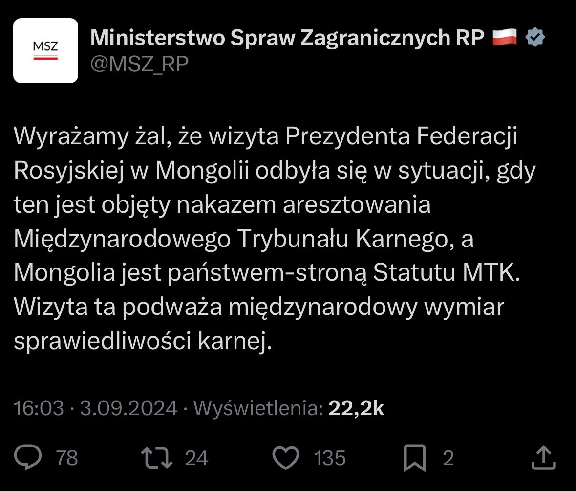 Wyrażam żal, że potencjalna wizyta premiera Izraela w Polsce odbędzie się w sytuacji, gdy ten jest objęty nakazem aresztowania Międzynarodowego Trybunału Karnego, a Polska jest państwem-stroną Statutu MTK. Wizyta ta podważa międzynarodowy wymiar sprawiedliwości karnej.
🙃