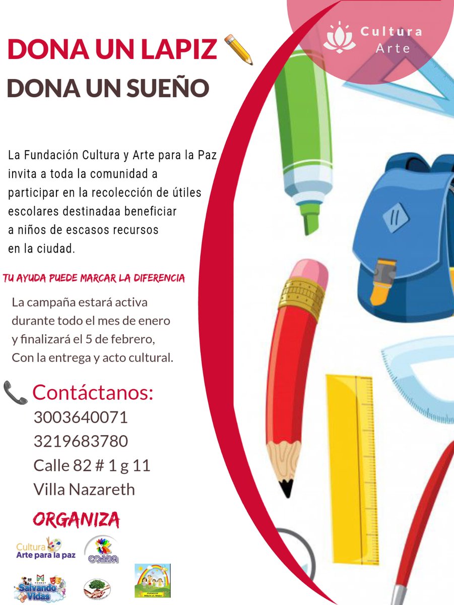 elfilosofo420's tweet photo. ¡Hagamos la diferencia juntos! 🎒✏️

Te invitamos a ser parte de "Dona un Lápiz, Dona un Sueño", una campaña solidaria liderada por la Fundación Cultura y Arte para la Paz, 
@GabrielaPossoR  @LevyRincon  @YoAlejoV https://t.co/pubP9nJFzD
