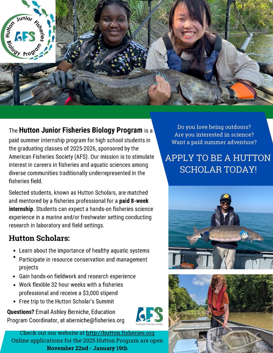 Hutton Program student applications for Summer 2025 are due on January 19! The Hutton Program is a paid summer fisheries internship for high school students who are paired with a fisheries professional to gain invaluable hands-on experience. Apply at hutton.fisheries.org/students/