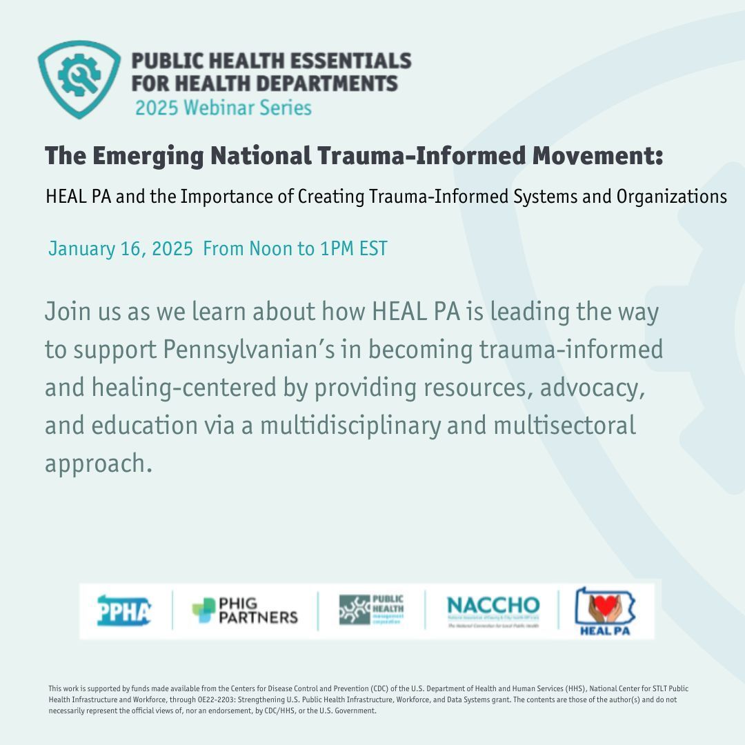 Join us next Thursday January 16 as we discover how HEAL PA is transforming Pennsylvania into a trauma-informed and healing-centered state! Register for the webinar here: buff.ly/4h9ywTG #PHIG #PPHA
<a href="/CDCgov/">CDC</a> <a href="/ASTHO/">ASTHO</a> <a href="/NNPHI_ORG/">NNPHI</a> <a href="/phaboard/">TruthBTold</a>