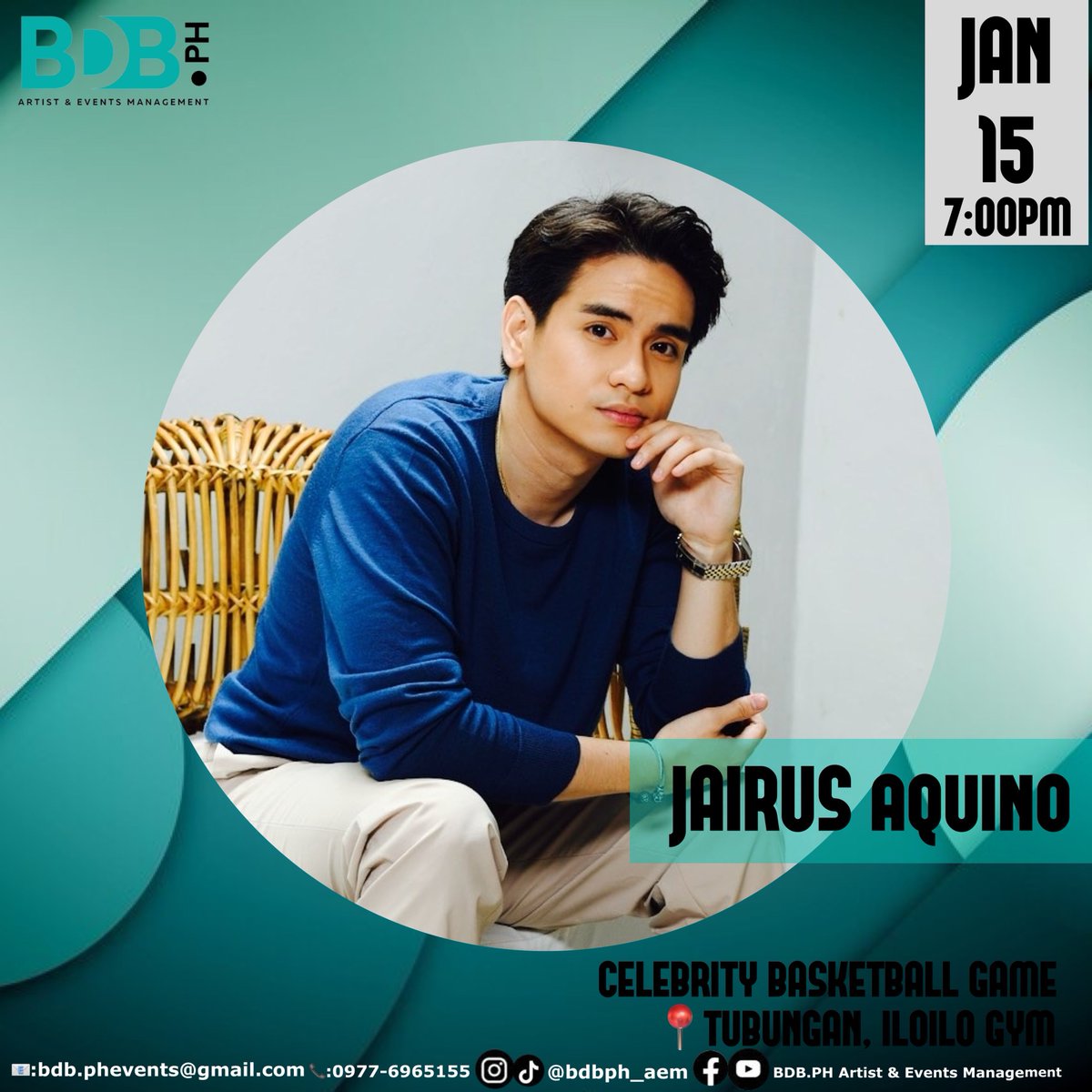 Kid Yambao &amp; Jairus Aquino
Celebrity Basketball Game
🗓️: January 15, 2025 7:00PM
📍: Tubungan, Iloilo Gym
-
For Booking &amp; Inquiries:
📞: 09776965155
📧: bdb.phevents@gmail.com

#bdbphaem #bdbartist #tubunganiloilo