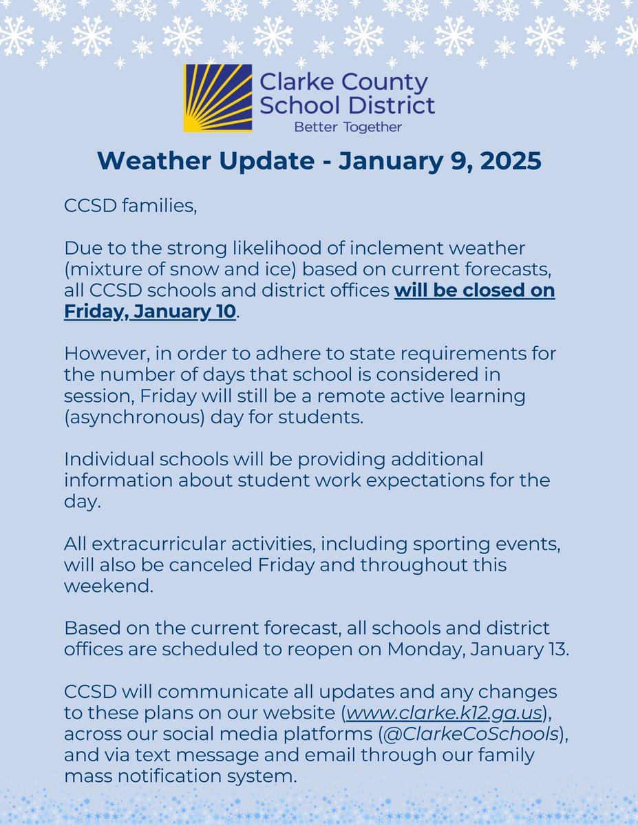 ClarkeCoSchools's tweet image. WEATHER UPDATE: All schools and offices closed Friday, Jan. 10.