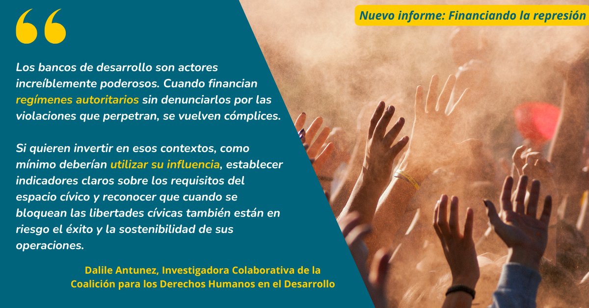 📢 NUEVO INFORME
Los bancos de desarrollo afirman garantizar el derecho a la participación y comprometerse con las comunidades afectadas. Pero, ¿cómo puede alguien alzar la voz en contextos donde hablar implica arriesgarse a la cárcel?

Exploren nuestro informe en colaboración