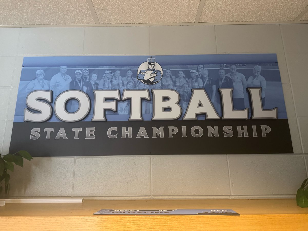 Softball state championship sign arrived and installed to finish off the trophy case!