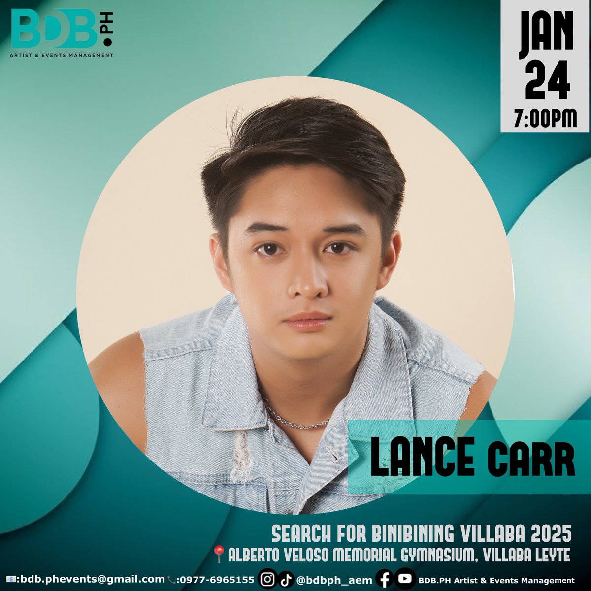 Dustine Mayores &amp; Lance Carr 
Search for Binibining Villaba 2025
🗓️: January 24, 2025 7:00PM
📍: Alberto Veloso Memorial Gymnasium, Villaba Leyte
-
For Booking &amp; Inquiries:
📞: 09776965155
📧: bdb.phevents@gmail.com

#bdbphaem #bdbartist