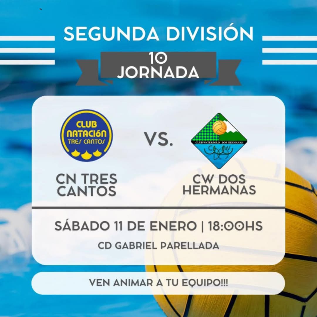 Segundo <a href="/Waterpolo_2H/">Club Waterpolo Dos Hermanas PQS</a> contra tercero <a href="/CNTRESCANTOS/">CLUB NATACIÓN TRES CANTOS 🏊‍♂️🤽‍♂️🏊‍♀️</a>, partidazo!!!! No te lo pierdas este sábado a las 18:00 en Gabriel Parellada . <a href="/3cantosdeportes/">Concejalía Deportes</a>
<a href="/revista360y5/">revista360y5trescantos</a>
<a href="/RFEN_Oficial/">RFEN</a> <a href="/fmn_oficial/">FMN</a> #segundadivisión #waterpolo