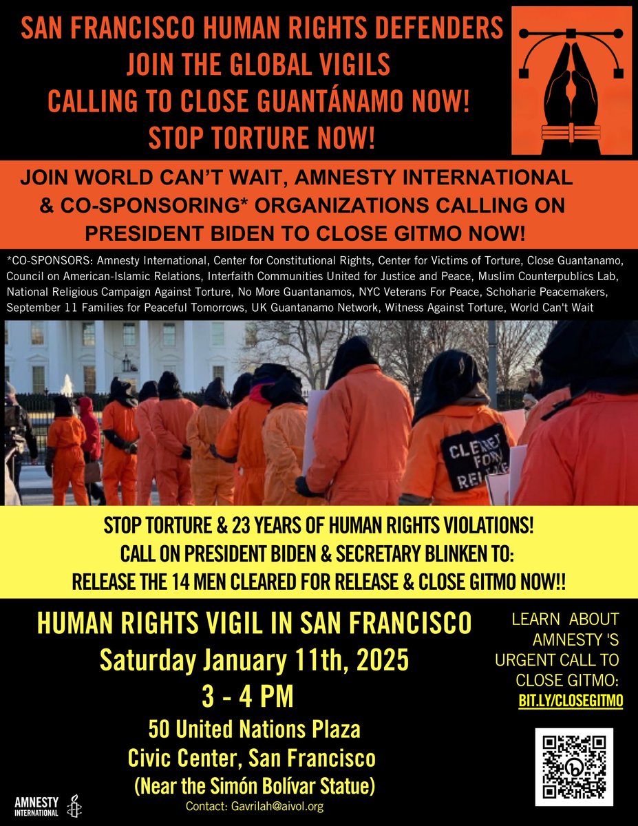 AmnestySF30's tweet photo. 23 YEARS of #HumanRights abuses = #GTMO!
@POTUS @SecBlinken the time is NOW!
Safely #CloseGuantanamo. 15 men remain.
Release the 3 men cleared for release NOW!
SF join @amnesty & @worldcantwait & cosponsors for #CLOSEGITMO #GlobalVigils
Jan. 11 3pm
50 United Nations Plaza, SF https://t.co/qaJcQHHj90