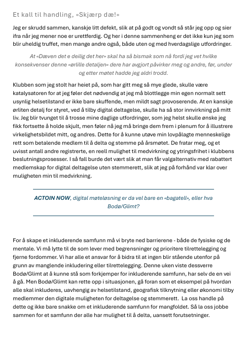 Takk <a href="/Glimt/">FK Bodø/Glimt</a>, ved å ikke tilby digitalt møte med mulighet for å stemme på EOÅM føler jeg litt ekstra på tilhørighet i samfunnet!💯❤️