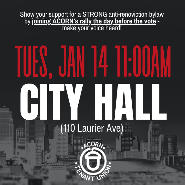 Councillors are debating tenant protections against mass evictions, but City staff recommend NO action on a renoviction bylaw! SHAME! 🏘️ Ottawa is the ONLY major city in Ontario without tenant protections. Join ACORN's rally on Jan 14th, 11AM, outside City Hall!✊ #RentersRights