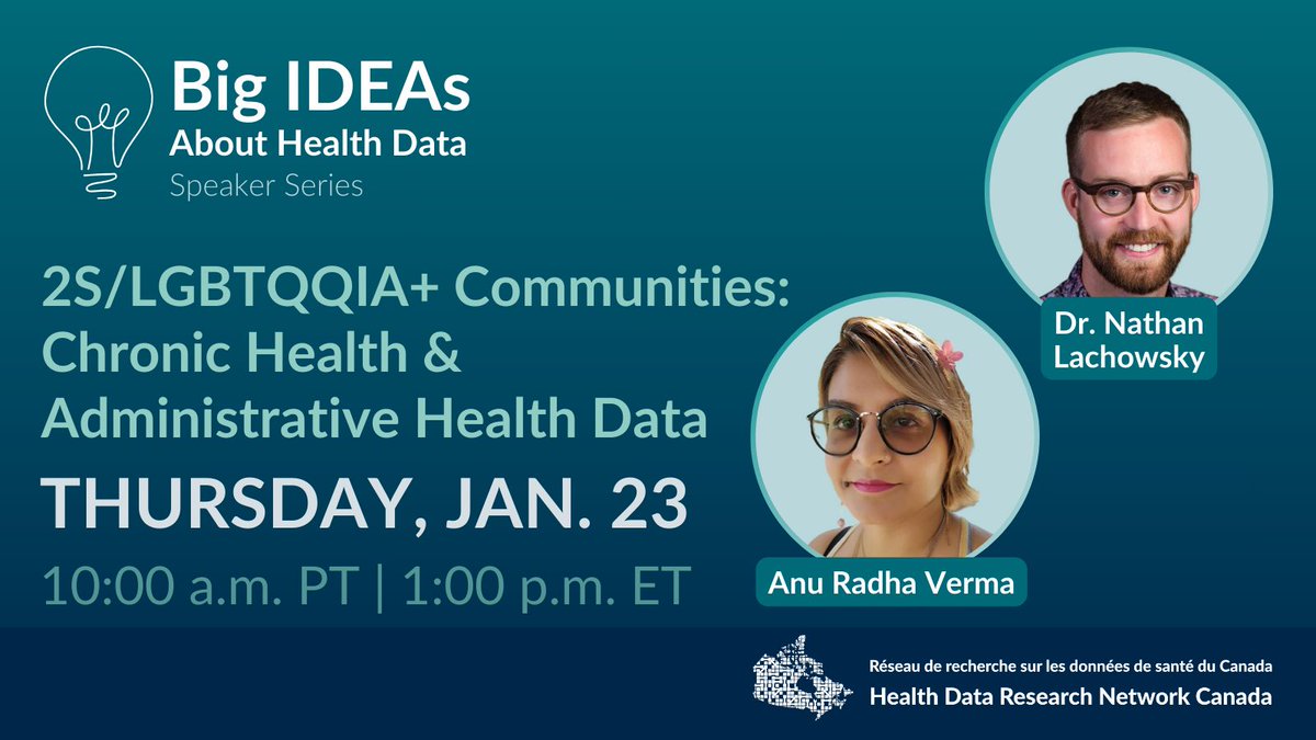 Michael Smith Health Research BC (@hlthresearchbc) on Twitter photo Don't miss this <a href="/hdrn_rrds/">HDRN Canada - RRDS Canada</a> webinar.
Dr. Nathan Lachowsky, Health Research BC Scholar awardee, and Anu Radha Verma will discuss linking administrative health data with community-based research to understand chronic disease within 2S/LGBTQQIA+ communities. bit.ly/3BNeY8F Don't miss this <a href="/hdrn_rrds/">HDRN Canada - RRDS Canada</a> webinar.
Dr. Nathan Lachowsky, Health Research BC Scholar awardee, and Anu Radha Verma will discuss linking administrative health data with community-based research to understand chronic disease within 2S/LGBTQQIA+ communities. bit.ly/3BNeY8F
