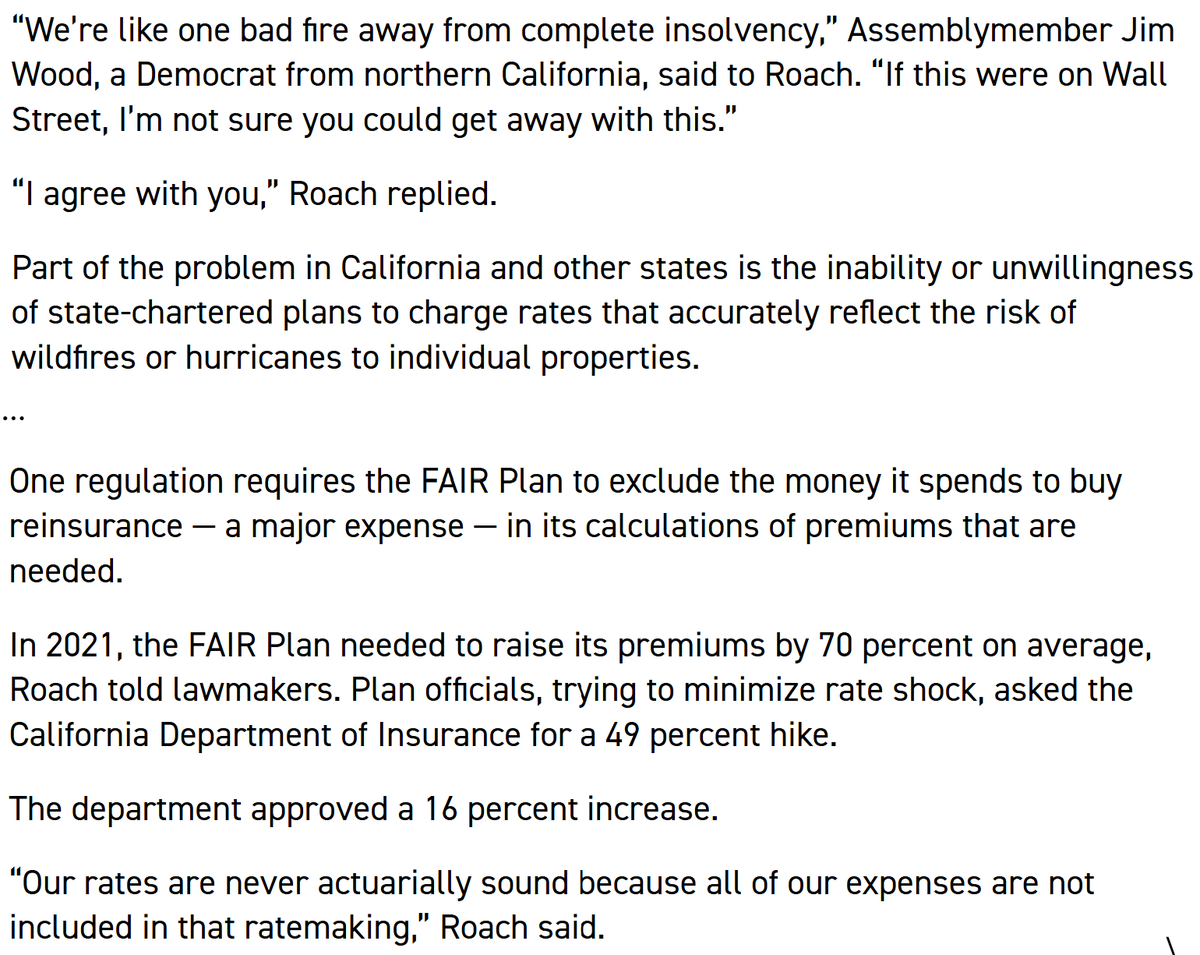 johnarnold's tweet photo. CA politicians wanted to keep the cost of homeownership from rising so they limited property insurance rate increases, driving private insurers out of the market and homeowners to the state's insurer of last resort, which itself was not allowed to charge actuarially sound rates. https://t.co/yCTKPY1EW4