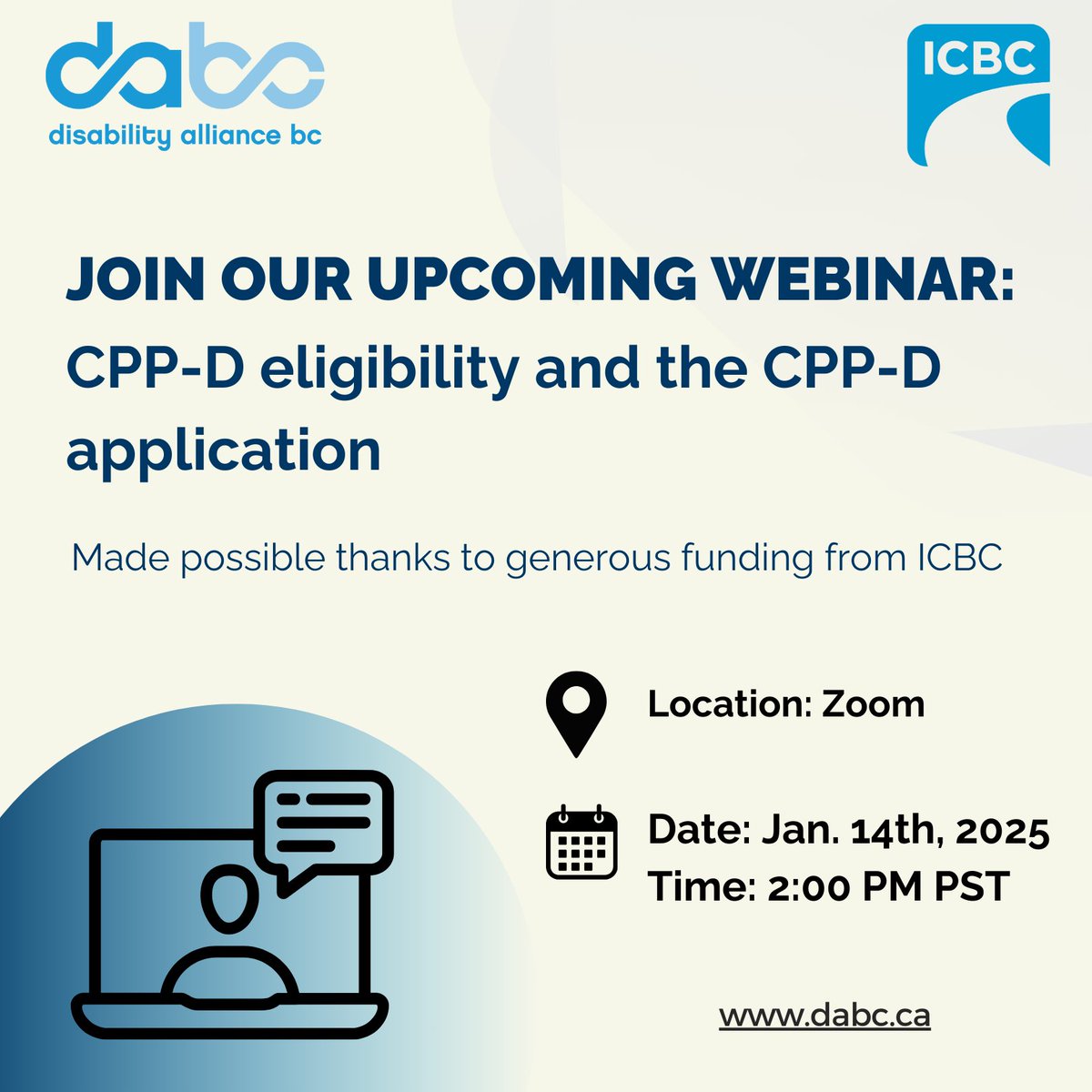 REMINDER: Join our upcoming webinar, a general overview of Canada Pension Plan-Disability (CPP-D) eligibility requirements and the CPP-D application process.

When: Jan 14, 2025 at 2 pm PST.
Where: Zoom

Register here👇:
us02web.zoom.us/webinar/regist…

#CPPD #DisabilityBenefits