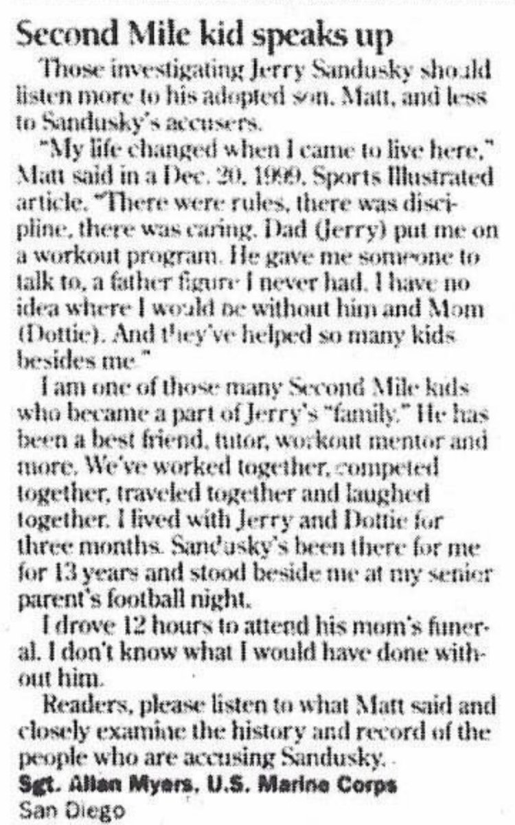 <a href="/PAAttorneyGen/">PA Attorney General Dave Sunday</a> Jerry Sandusky dedicated his life to serving others.  And you lot put him in prison an innocent man.  Allan Myers, "The Showerboy," who prosecutors literally lied to the jury about saying to the jury that "he is known only to god," wrote the below letter praising Jerry and