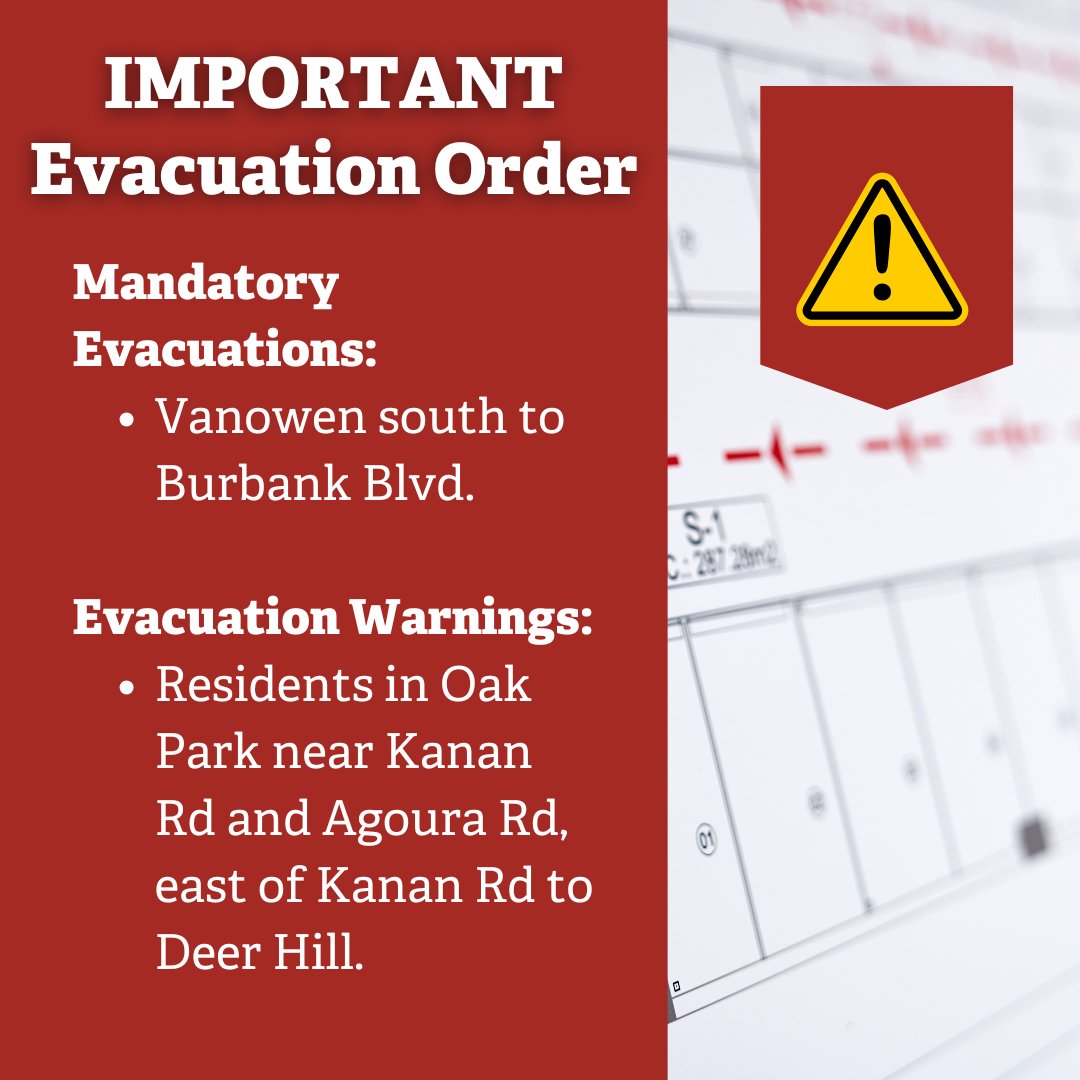 Current evacuation updates for the Kenneth Fire in the West Hills area. Residents in Agoura Hills in the following areas have been issues evacuation warnings: Residents in Oak Park area near Kanan Road and Agoura Road, east of Kanan Road to Deer Hill.