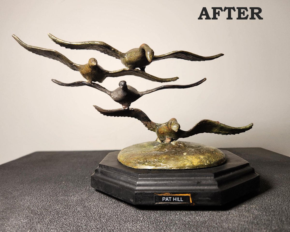 artofmarkmorris's tweet photo. Restoration (recently completed)  2025
Work completed at the request of the current owner.

Base repaired; glued, sanded, painted flat black
Broken bronze repaired with silver solder. https://t.co/wTDZsPd2oN