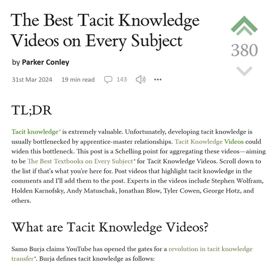 I spent 60+ hours finding 78 tacit knowledge videos.

After going viral last year, my LW post is the Schelling point for sharing the type of vid Richard is talking about.

If curious, check out the vids and pls share videos of this type in the comments! x.com/RichardMCNgo/s…