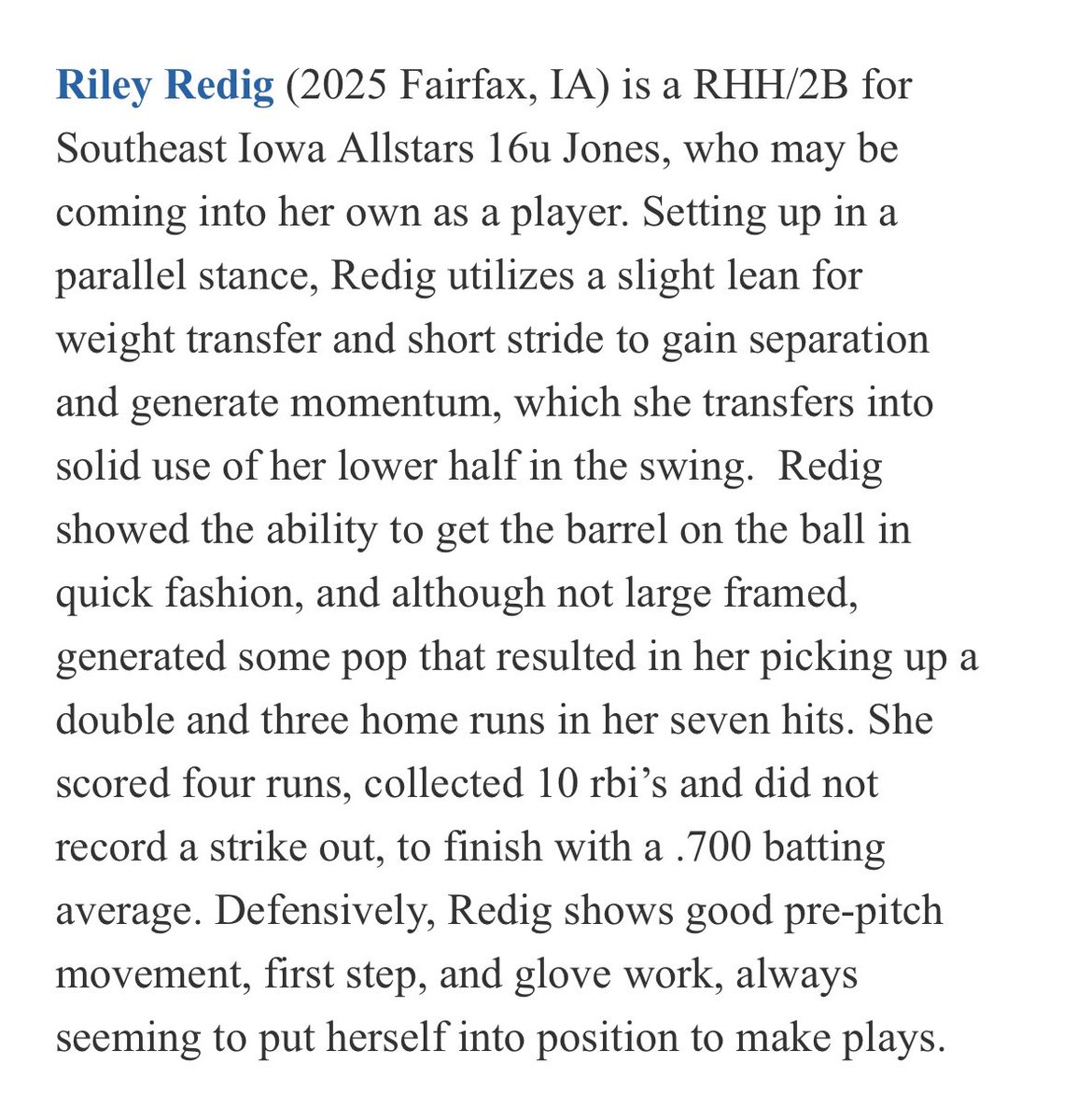 Riley Redig (@redigriley) on Twitter photo Thank you <a href="/PG_Softball/">Perfect Game Softball</a> and <a href="/DaveDurbala_PG/">Dave Durbala</a> for the write up! <a href="/SEIASoftball/">SE IA Allstars</a> @SEIA_Jones Thank you <a href="/PG_Softball/">Perfect Game Softball</a> and <a href="/DaveDurbala_PG/">Dave Durbala</a> for the write up! <a href="/SEIASoftball/">SE IA Allstars</a> @SEIA_Jones