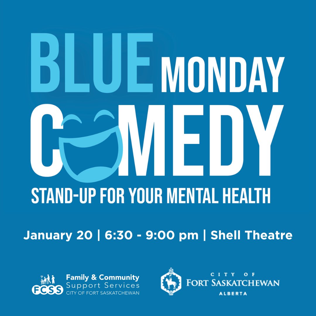 💙 Need a laugh? Join us at Shell Theatre on Jan 20 for the Blue Monday Comedy Special! Featuring Stirling Scott, Kelly Taylor &amp; more 🎤. Proceeds support mental health in Fort Sask. 🎟️ $10 entry — get your tickets now: shelltheatre.ticketpro.ca #BlueMonday #ComedyNight