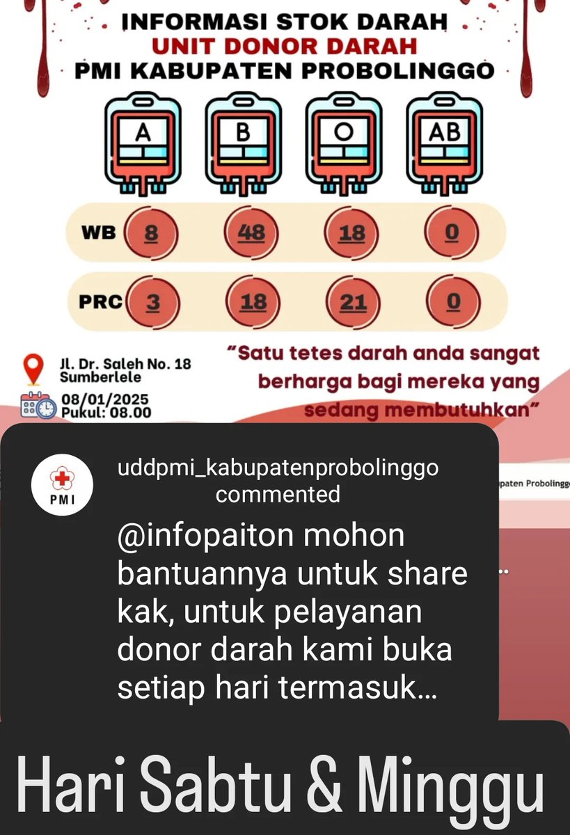 GoProbolinggo's tweet image. Tretaan.. Stok darah PMI Kabupaten Probolinggo menipis. Yuk donor yuk.. PMI Kabupaten Probolinggo di Kraksaan buka setiap hari termasuk Sabtu dan Minggu..