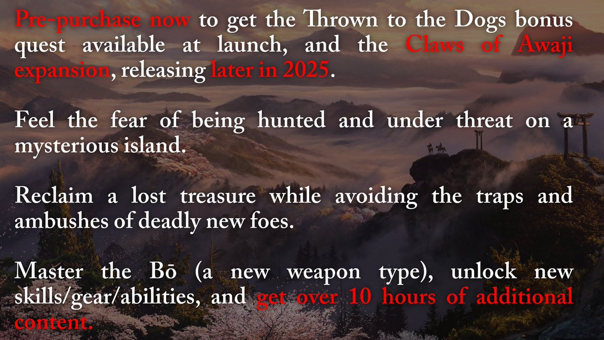 ac_daily_news's tweet photo. About 2 hours ago the Steampage was updated. 

The release date has been changed to 20th March and a new description has been added, more info about the first DLC called ‘Claws of Awaji’ 

Also it now says ‘Pre-purchase now in the description! 👀
#AssassinsCreedShadows https://t.co/nHGLAXMt2F