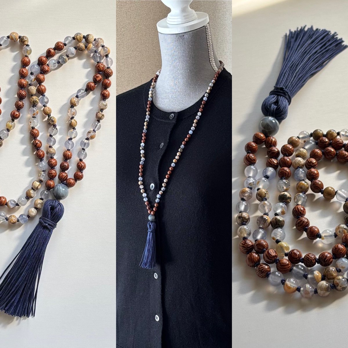 #本日のラッキーカラーは青
#365DIYtheme 
【身につけられるお数珠】6㎜玉マーラー📿
母岩つきブルーカルセドニー・ドラゴンツリー・ブルーオパール（親玉のみ）

ブルーカルセドニー：円滑・ノスタルジー・あたたかさ・優しさ

色により少し意味が変わりますが
カルセドニー全般の意味は以下です🩵