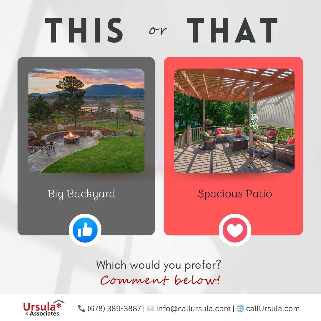 uandateam's tweet image. 🌳☀️ Would you rather have a big backyard for family gatherings or a spacious patio for outdoor entertaining? Share your pick!👇

#BigBackyard #SpaciousPatio #ThisOrThat #OutdoorLiving #RealEstate #UrsulaAndAssociates