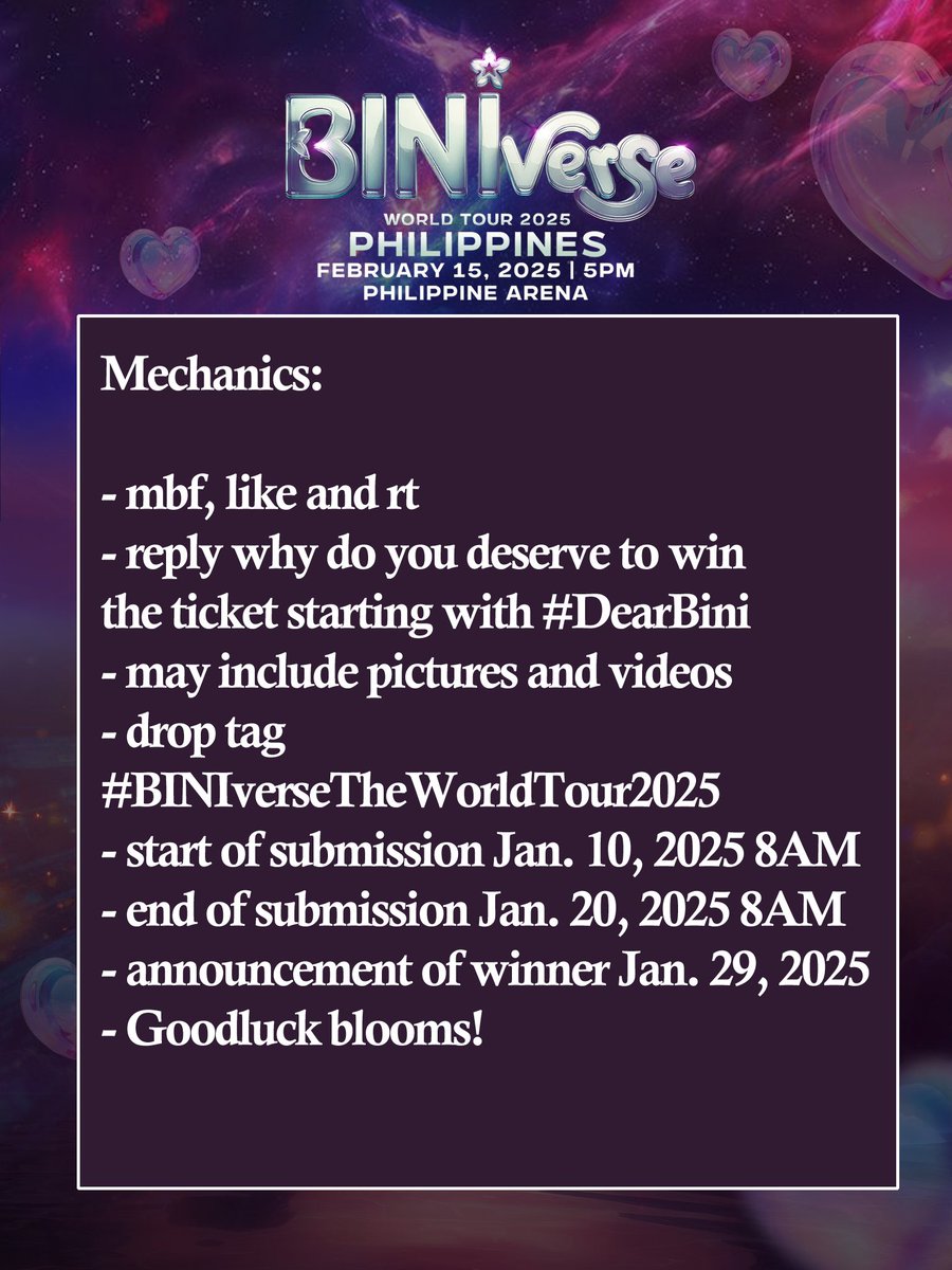 🌸 BINIVERSE WORLD TOUR TICKET GIVEAWAY 🌸

1 lucky winner of LBA Reg 🎫

Ticket secured by <a href="/bloom_tita/">t𝑖𝑡𝑎 h𝑎𝑛¹ ❀</a> (during pre-sale)

#BINIverseTheWorldTour2025