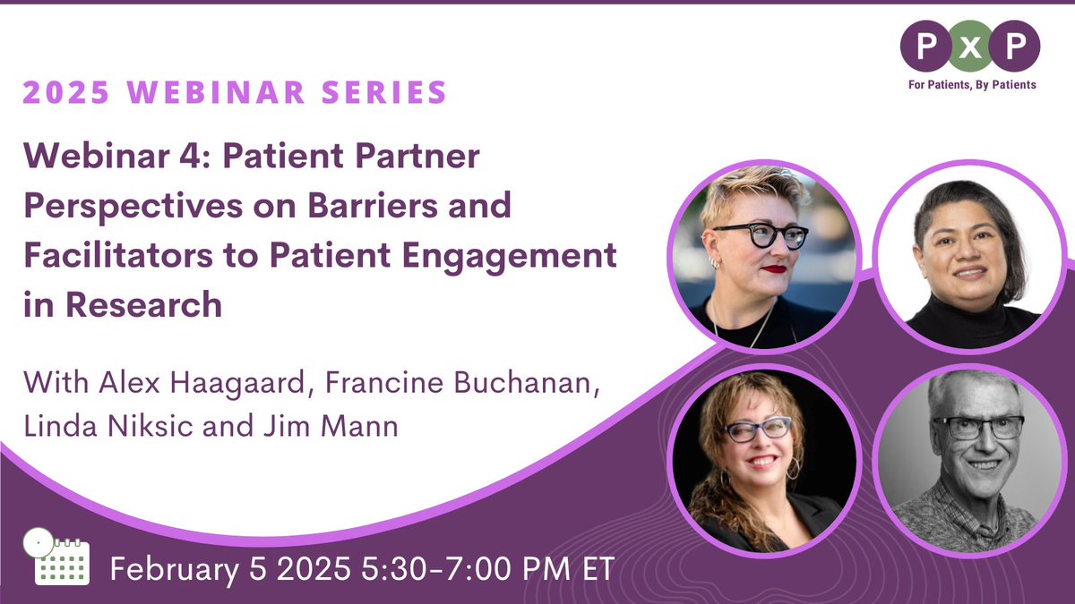 Sign up for our February webinar on Patient Partner Perspectives on Barriers &amp; Facilitators to Patient Engagement in Research.

📅Date: February 5, 2025
⏰ Time: 2:30 PM PT / 5:30 PM ET / 10:30 PM UTC
🔗zoom.us/webinar/regist…

#PatientEngagement #PPI #ConsumerInvolvement