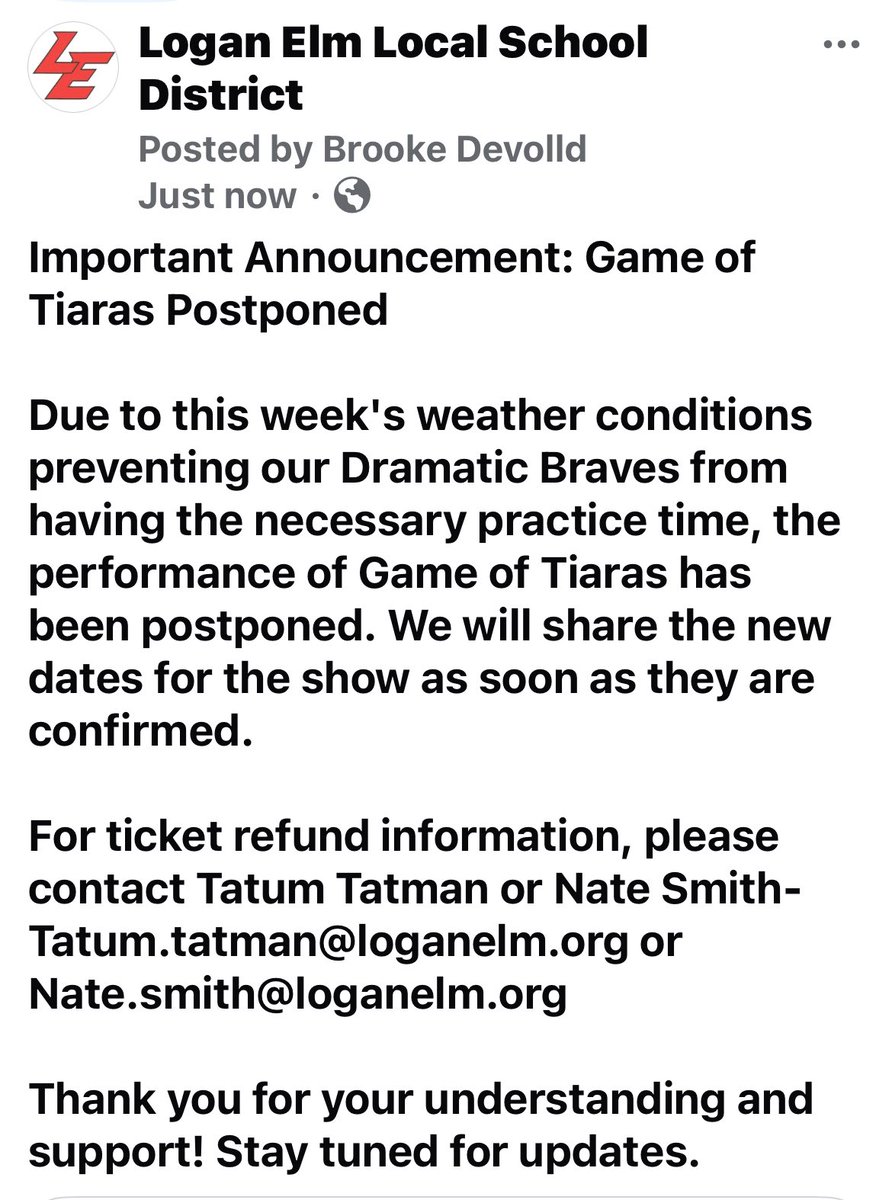 dramaticbraves's tweet image. Game of Tiaras has been postponed due to the weather this week. Stay tuned for more updates.