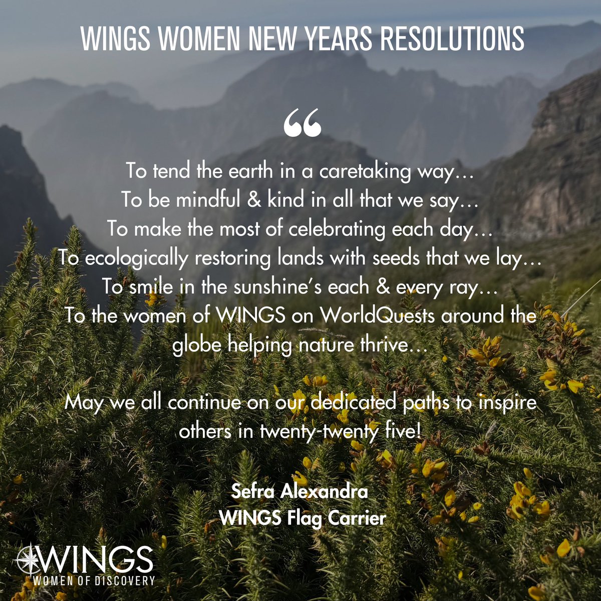 🌟 New Year, New Resolutions! 🌟 This week, we’re excited to share the New Year’s resolutions of the incredible WINGS women explorers. Today, we’re featuring Louise Edwards and Sefra Alexandra! Stay tuned each day for more inspiring resolutions from our amazing explorers. 🚀✨