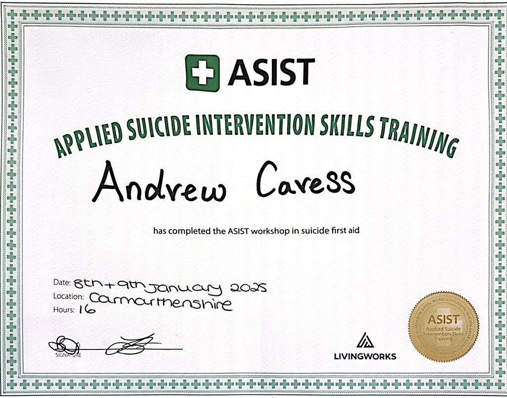 Just completed my ASIST suicide first aid training as part of my induction for my new role with <a href="/PAPYRUS_Charity/">PAPYRUS</a> . Such fantastic trainers, delivering an incredibly valuable course. If anyone has the opportunity to attend, I highly recommend it!