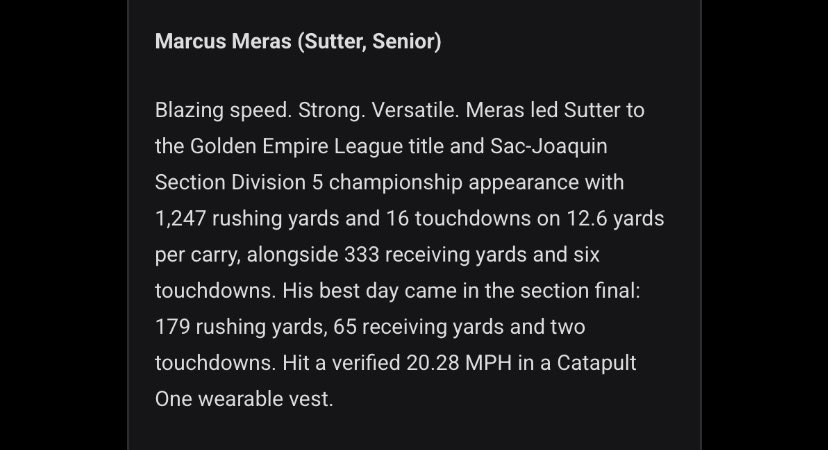 Honored to be 1st Team RB!! Thank you <a href="/WCPSacramento/">West Coast Preps Sacramento</a> for naming me 1st team!! <a href="/SutterFootball/">𝕊𝕦𝕥𝕥𝕖𝕣 𝔽𝕠𝕠𝕥𝕓𝕒𝕝𝕝</a> <a href="/coachrrhino/">Ryan Reynolds</a> <a href="/BasdBrandon/">Brandon Jackson</a> <a href="/CoachAllenSU/">Mike Allen</a> <a href="/Ty1Prince/">Ty Prince</a> <a href="/A2Atraining22/">A2Atraining</a>